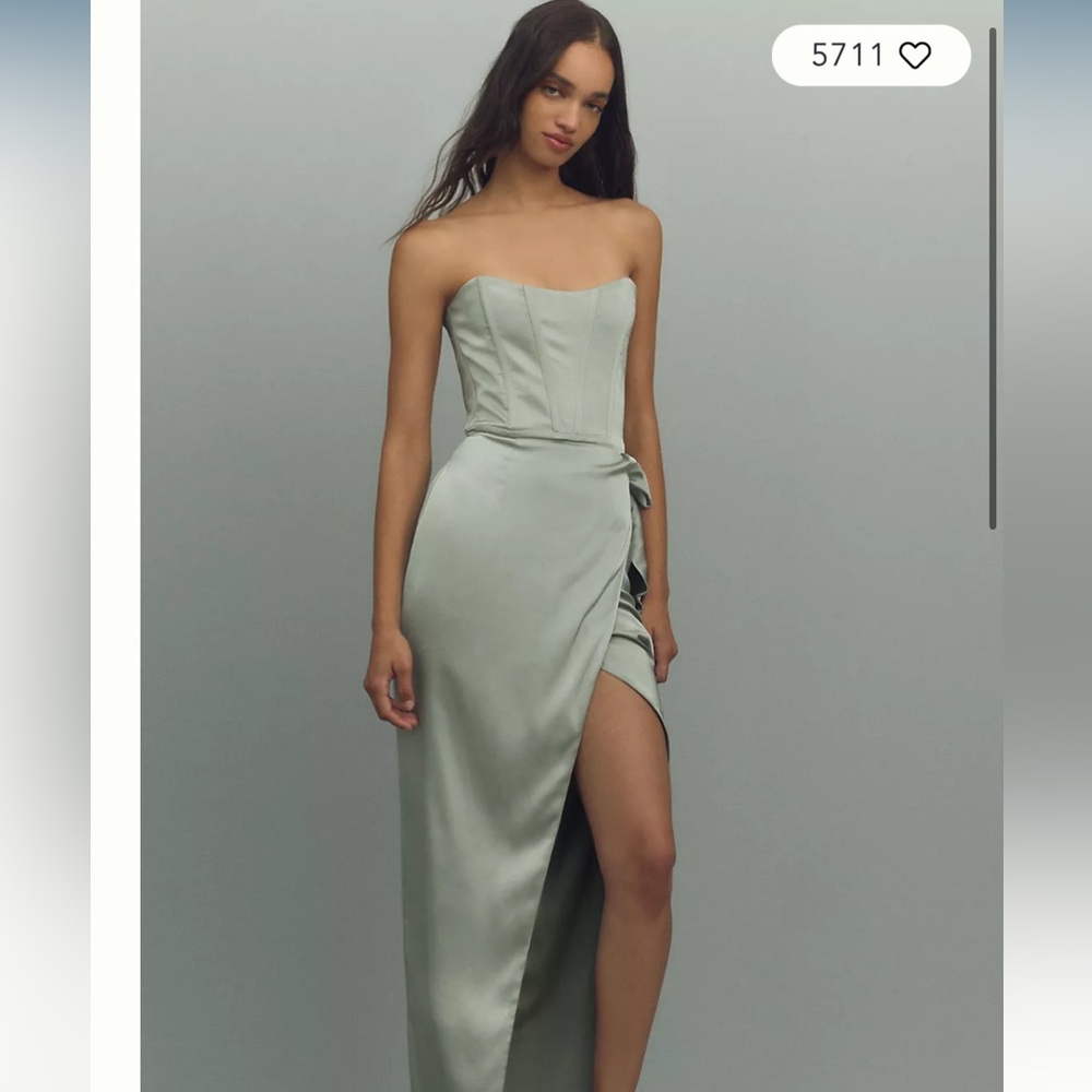 V. Chapman June Corset Jacquard Front-Slit Gown in Sage